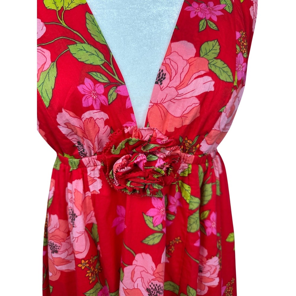J.Crew Womens Floral Organic Cotton V Neck Sun Dress Red Large Summer Resort - Picture 9 of 11